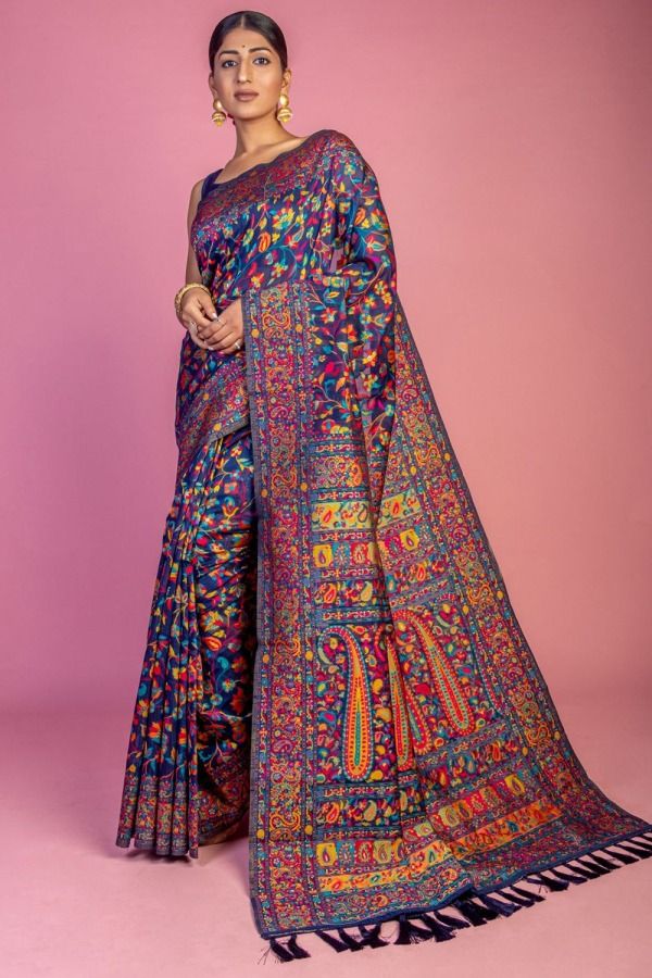 Navy Blue Handloom Weaving Kashmiri Saree(Unstitched)